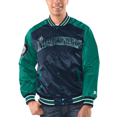 Starter Men's  Navy, Aqua Seattle Mariners Varsity Satin Full-snap Jacket In Navy,aqua