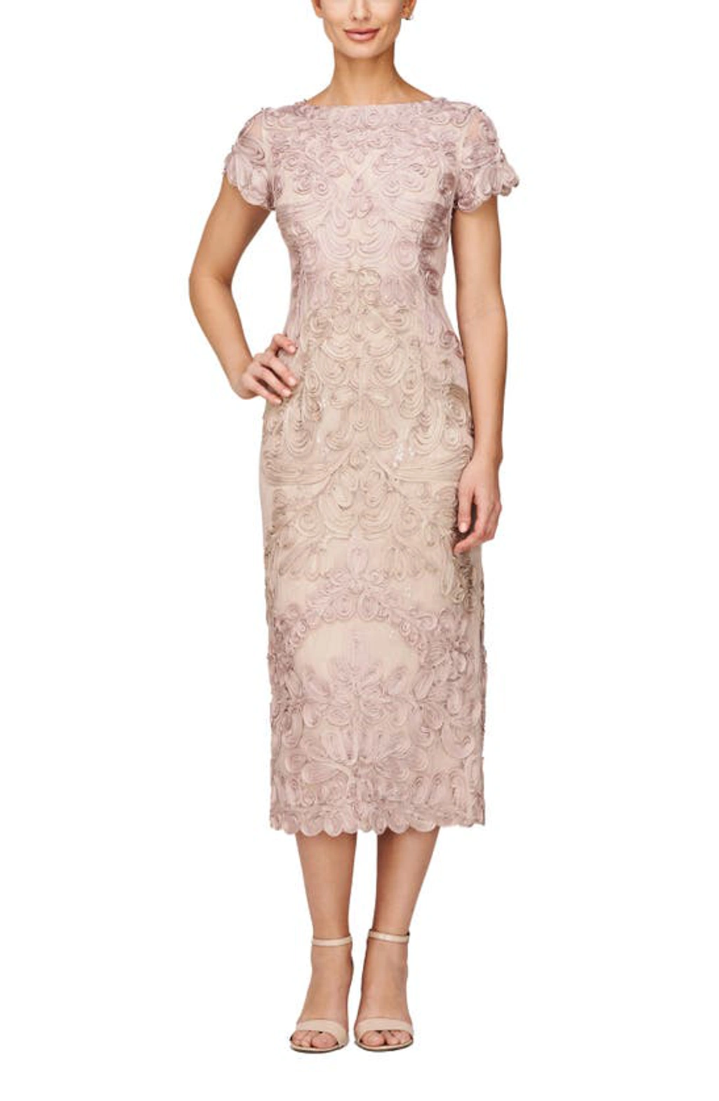 knee length dresses for ladies JS Collections Boat Neck Short Sleeve Zipper Slit Back Embellished Soutache  Mesh Dress