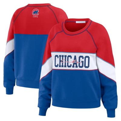 Wear By Erin Andrews Red/royal Chicago Cubs Color Block Crew Neck Pullover Sweatshirt