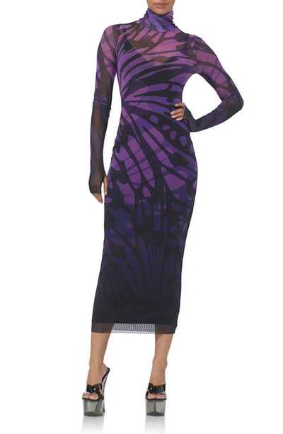 Afrm Shailene Turtleneck Long Sleeve Mesh Dress In Butterfly Ombre