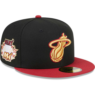 New Era Men's  Black, Red Miami Heat Gameday Gold Pop Stars 59fifty Fitted Hat In Black,red