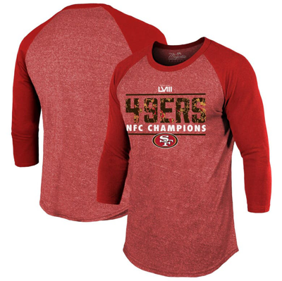 Majestic Men's  Threads Scarlet San Francisco 49ers 2023 Nfc Champions Tri-blend Raglan 3/4-sleeve T-