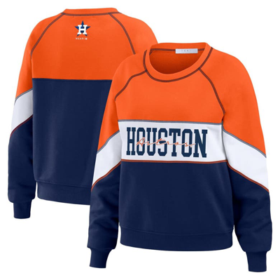 Wear By Erin Andrews Orange/navy Houston Astros Color Block Crew Neck Pullover Sweatshirt