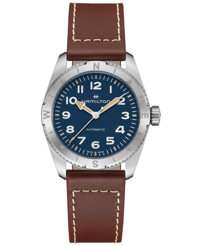 HAMILTON WOMEN'S SWISS AUTOMATIC KHAKI FIELD EXPEDITION BROWN LEATHER STRAP WATCH 37MM