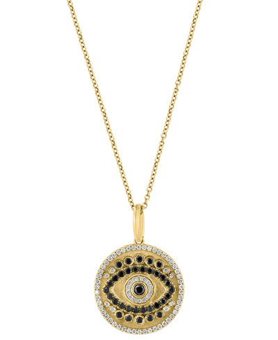 Effy Collection Effy Black Diamond (3/8 Ct. T.w.) & White Diamond Evil Eye Disc (1/4 Ct. T.w.) 18" Pendant Necklace In Yellow Gol