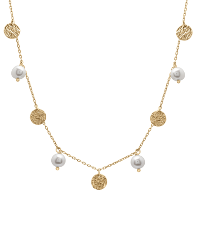 Macy's Cultured Freshwater Pearl (6-7mm) & Textured Disc Dangle Collar Necklace In 14k Gold-plated Sterling In Gold Over Silver