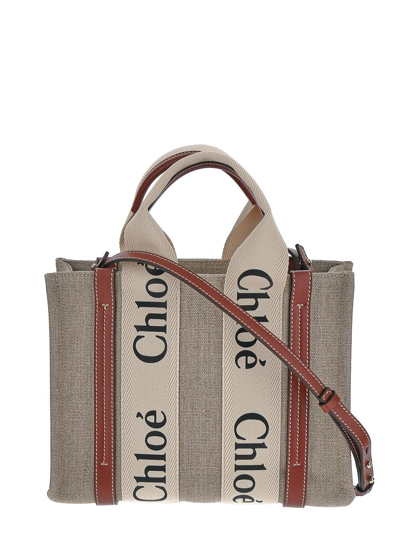 Chloé Neutral Woody Small Canvas Tote Bag In Beige