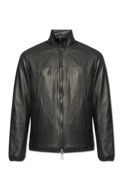 Emporio Armani Leather Jacket With Stand-up Collar In Black