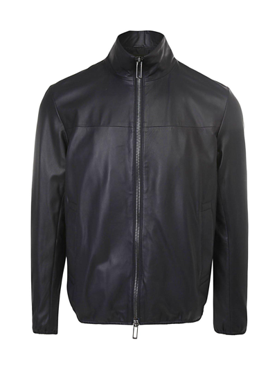 Emporio Armani Zip-up Long Sleeved Leather Jacket In Blue