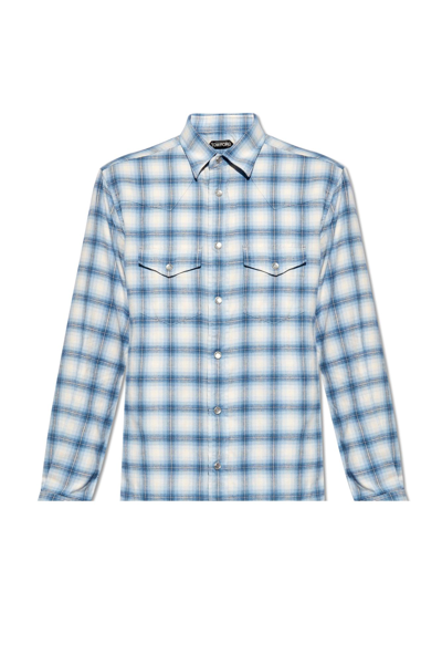 Tom Ford Checked Cotton-blend Western Shirt In Combo Dark Blue White