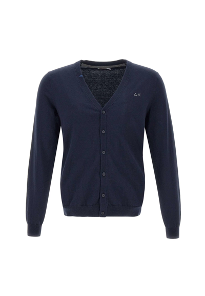 Sun 68 Solid Cotton And Wool Cardigan In Navy Blue