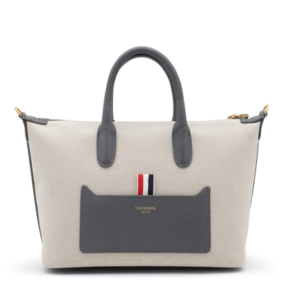 Thom Browne Logo Printed Zipped Tote Bag In Beige