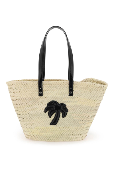 Palm Angels Straw & Patent Leather Tote Bag In Beige