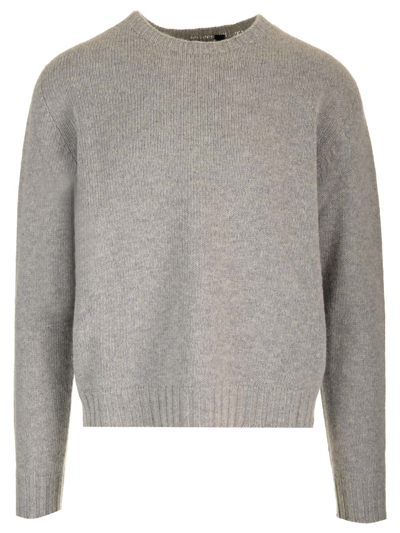 PALM ANGELS GREY WOOL SWEATER WITH WHITE CURVED LOGO ON THE BACK