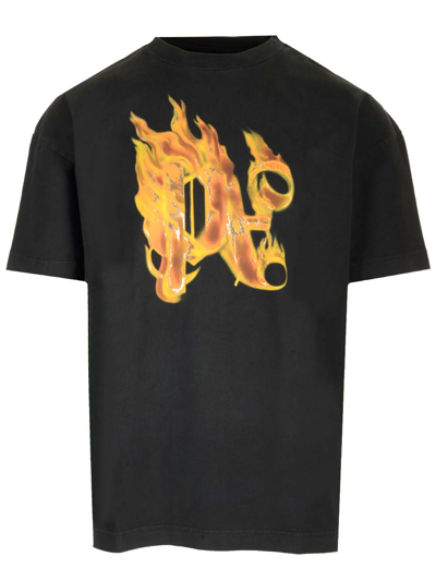 Palm Angels Burning Monogram Cotton T-shirt In Black