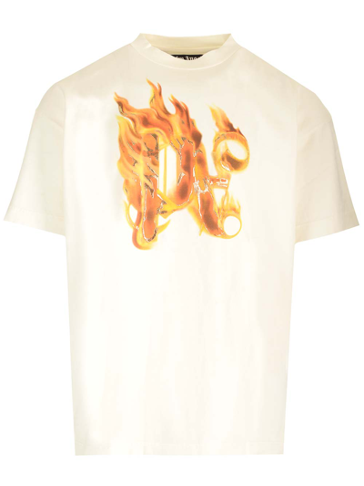 Palm Angels Burning Monogram T-shirt In Bianco