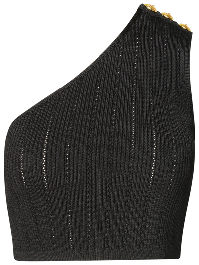 Balmain 3 Button Asymmetric Knit Top In Black
