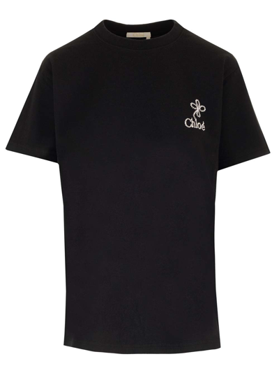 CHLOÉ BLACK T-SHIRT WITH EMBROIDERED LOGO