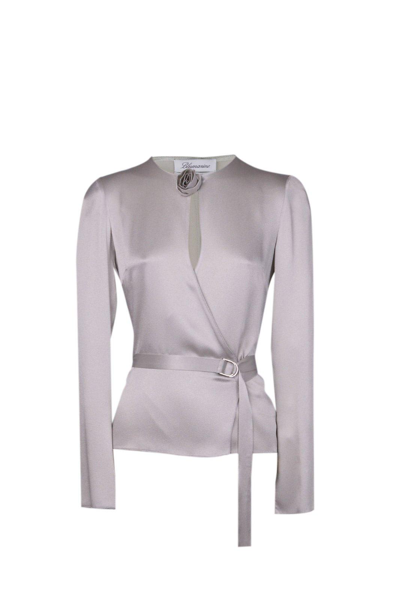 Blumarine Belted Long-sleeve Top In Ice Grey