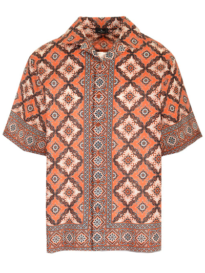 Etro Printed Cotton Short Sleeve Shirt In Orange