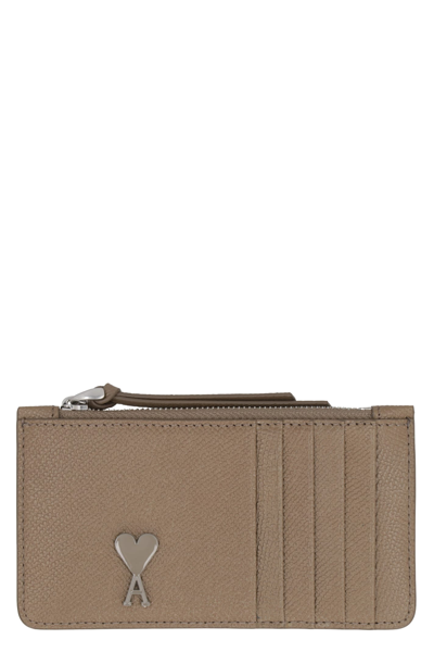 Ami Alexandre Mattiussi Logo Detail Leather Card Holder In Taupe