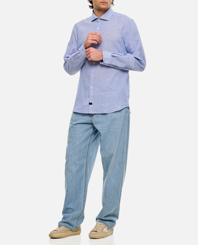 Fay Washed French Neck Shirt In Sky Blue