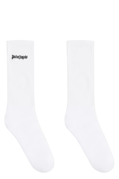 Palm Angels White Embroidered Logo Socks In White Black