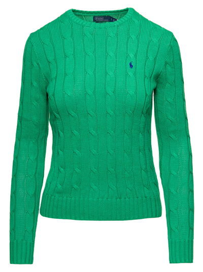 Ralph Lauren Juliana Green Cable Knit Pullover With Contrasting Embroidered Logo In Cotton Woman