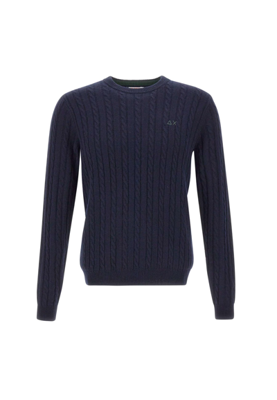 Sun 68 Round Double Cotton And Wool Pullover In Blu