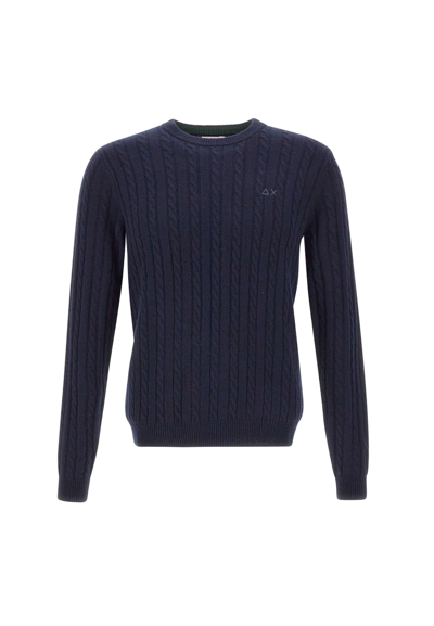 Sun 68 Round Double Cotton And Wool Pullover In Navy Blue