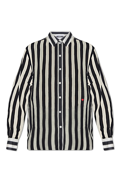 Moschino Heart Embroidered Striped Shirt In Black