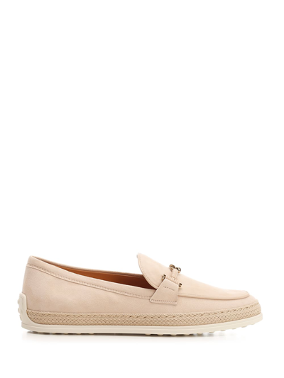Tod's Gomma Suede T-ring Espadrille Driver Loafers In Naturale