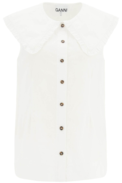 GANNI COTTON SLEEVELESS SHIRT WITH OVERSIZED COLLAR