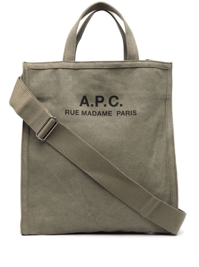 Apc Cabas Grey Shopper Bag With Logo Print In Cotton Man Tote In Kaki