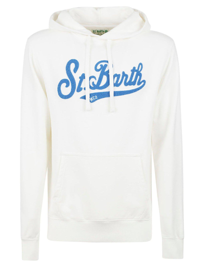 Mc2 Saint Barth Logo Embroidered Cotton Hoodie In White,blue