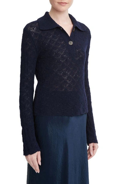 VINCE LACE STITCH LONG SLEEVE WOOL BLEND POLO