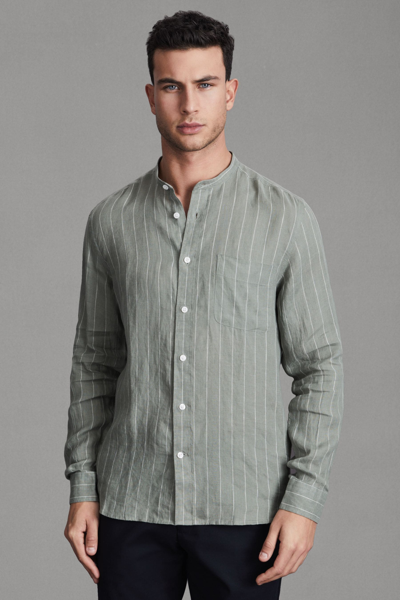 Reiss Ocean - Sage Stripe Linen Grandad Collar Shirt, Xl