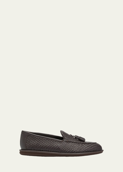 Giorgio Armani Men's Woven Leather Tassel Loafers In Brown
