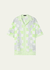 Versace Men's Checkered Medusa Silk Camp Shirt In Mintwhitesilver