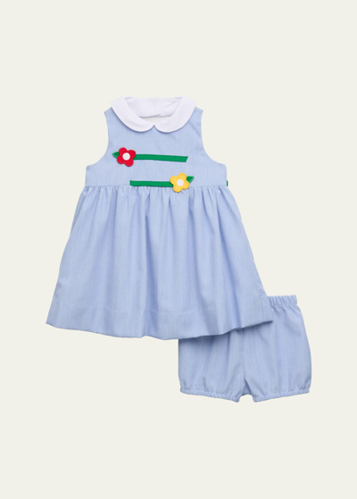 Florence Eiseman Kids' Girl's Flower Appliqué Cord Dress With Bloomers In Blue