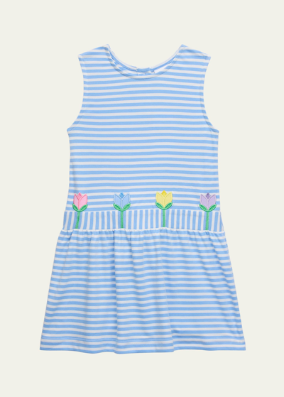Florence Eiseman Kids' Girl's Tulip Applique Sleeveless Knit Dress In Blue/white