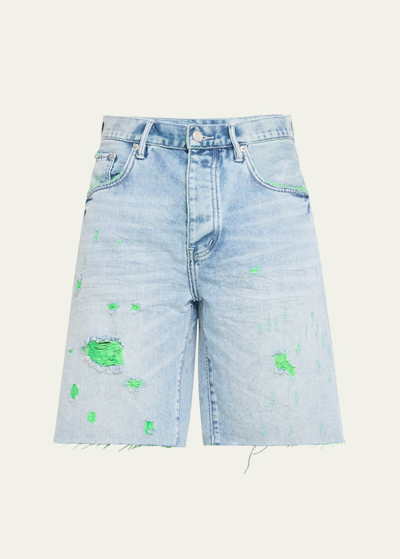 Purple Men's Neon Distressed Relaxed Denim Shorts In Neon Weft