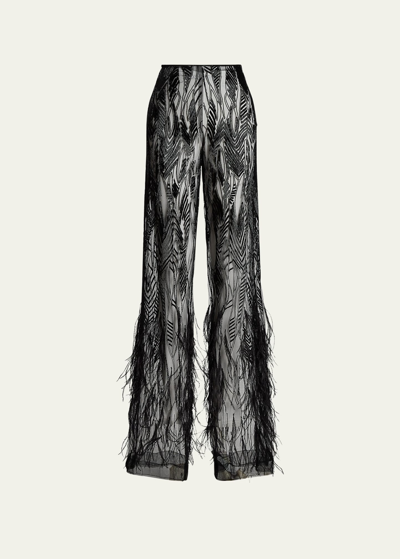 Ralph Lauren Bradlee Beaded Feathered Tulle Pants In Black