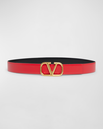 Valentino Garavani V-logo Signature Reversible Leather H30 Belt In Nero Rouge Pur