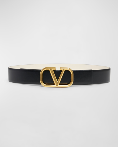 Valentino Garavani V-logo Signature Reversible Leather H40 Belt In Nero Light Ivory