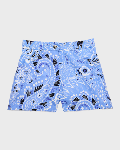 Etro Kids' Printed Cotton Poplin Shorts In Blue,ivory