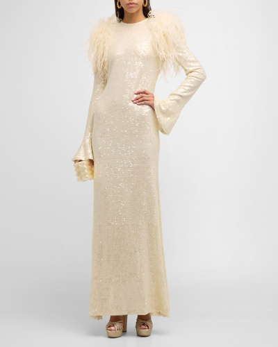 Lapointe Feather-shoulder Flare-sleeve Sequin Viscose Maxi Dress In Cream
