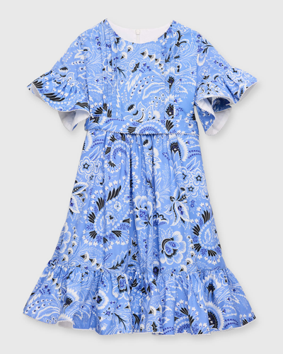 Etro Kids' 印花梭织棉质府绸连衣裙 In Blue,ivory