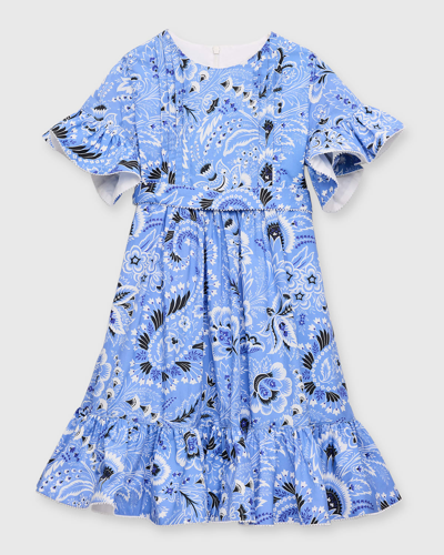 Etro Kids' Girl's Belted Paisley Cotton Dress In Blue