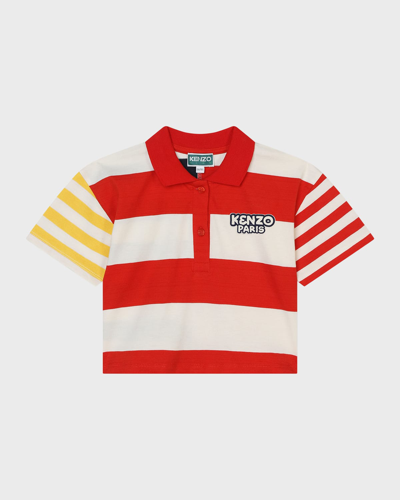 Kenzo Kids' Striped Cotton Polo Shirt In Bright Red